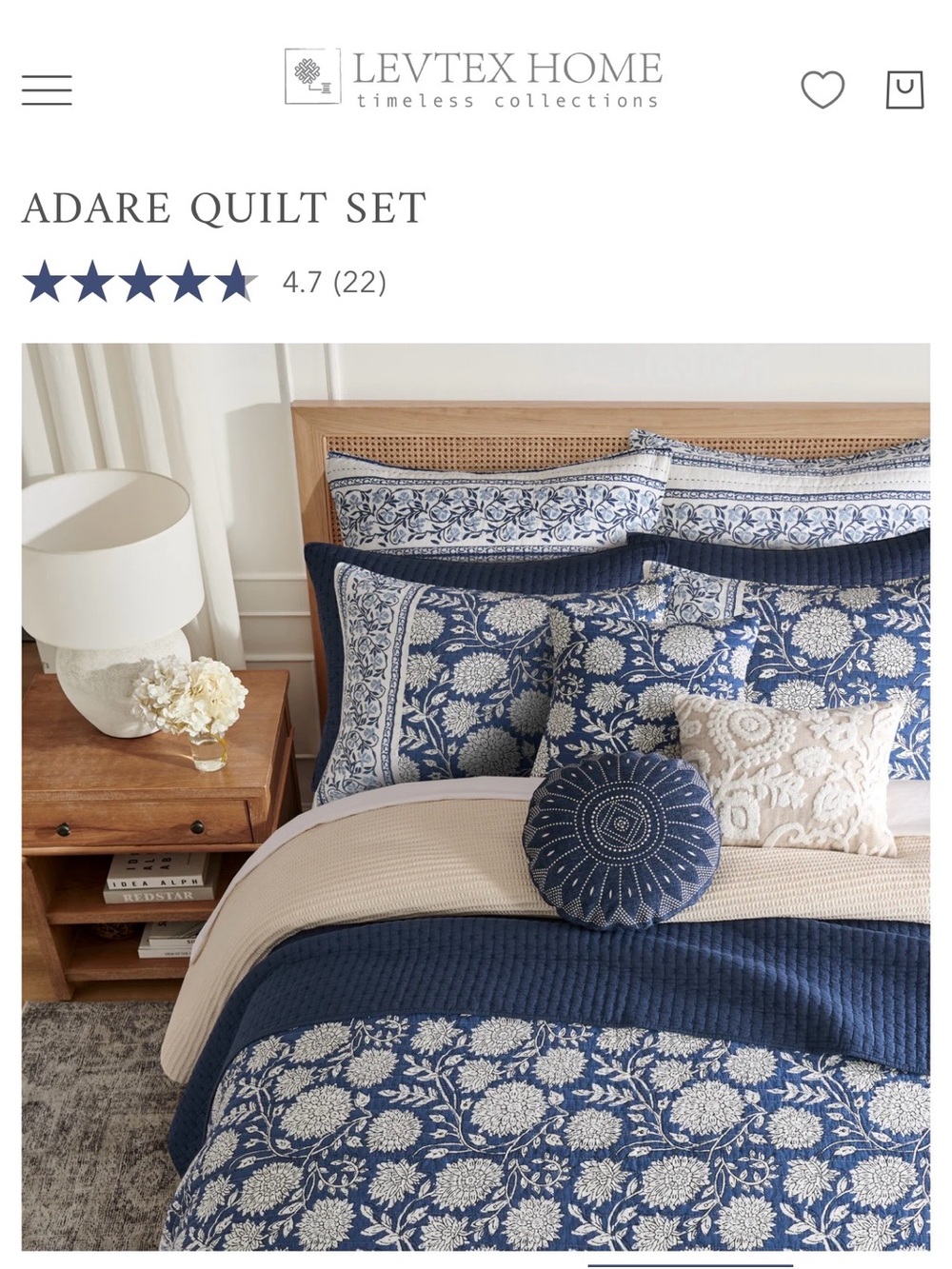Levtex Adare Quilt Set in Navy and white Floral. Free euro shams with purchase